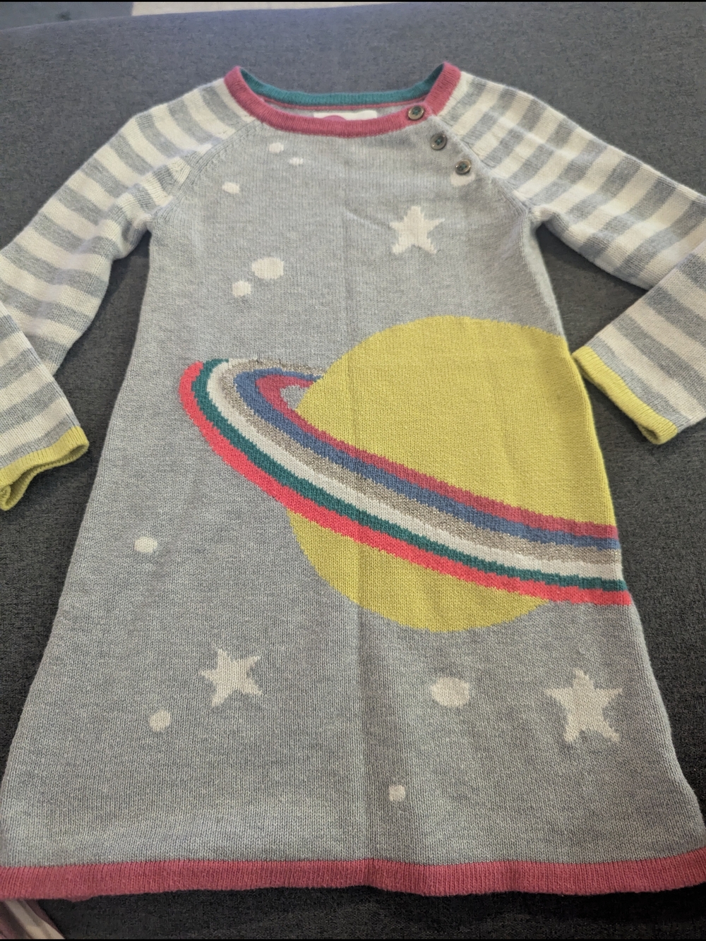 Mini Boden Gray Knit Dress with Yellow Planet and Pink Trim